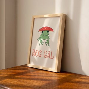 May include: A framed print with a cartoon frog wearing a red and white mushroom hat. The text "BOG GAL" is printed below the frog.