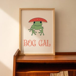 May include: A framed print with a green frog wearing a red and white mushroom hat. The text "BOG GAL" is printed in pink below the frog.