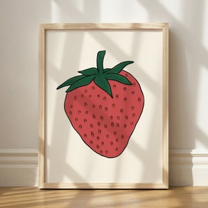 Strawberry Print, Wall Art Printable, Strawberry Kitchen Decor, Fruit Illustration Art, Quirky Home Decor, Strawberry Nursery Wall Art