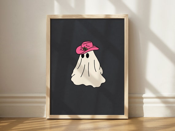 Hot Pink Cowboy Hat Ghost Print, Halloween Wall Art, Printable Ghost Art, Seasonal Wall Decor, Dorm Printable Art, College Wall Decor Spooky