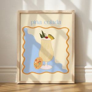 Pina Colada Print, Tropical Cocktail Art, Pina Colada Decor, Tiki Bar Cart Art, Umbrella Drink Printable, Coconut Cocktail Illustration