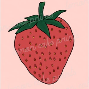 May include: A cartoon illustration of a red strawberry with green leaves and yellow seeds on a pink background.