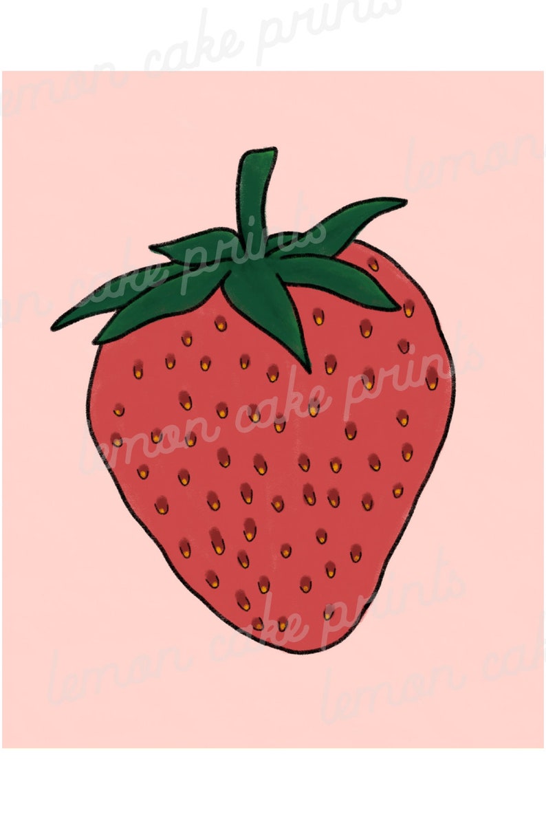 May include: A cartoon illustration of a red strawberry with green leaves and yellow seeds on a pink background.