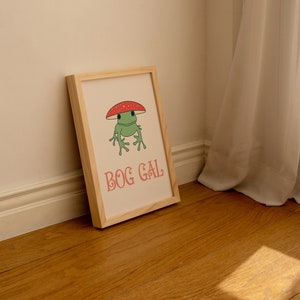 May include: A framed print with a cartoon frog wearing a red and white mushroom on its head. The text "BOG GAL" is printed in pink below the frog.