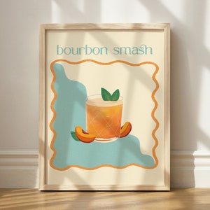 Bourbon Smash Print, Koktajlowa Sztuka Ścienna, Dekoracja Ścienna Whiskey, Bourbon Cocktail Print, Whiskey Sour Lover, Wydrukowana Dekoracja Koktajlowa Brzoskwiniowa