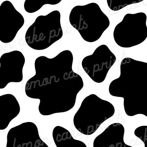 May include: Black and white cow print pattern. The pattern is made up of irregular black spots on a white background.