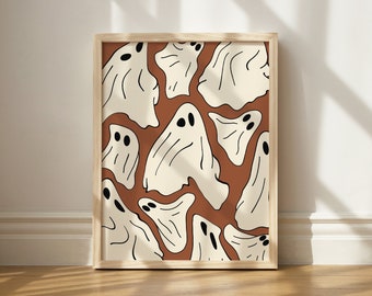 Pumpkin Orange Melted Ghost Print, Trendy Halloween Art, Printable Wall Decor, Spooky Ghost Art, Unique Halloween Dorm Art, Orange Fall Art