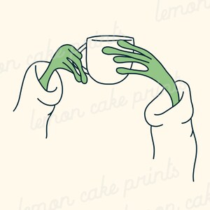 May include: A white ceramic mug with a green hand holding the handle and another green hand holding the mug from the bottom. The hands are coming out of a white sleeve.