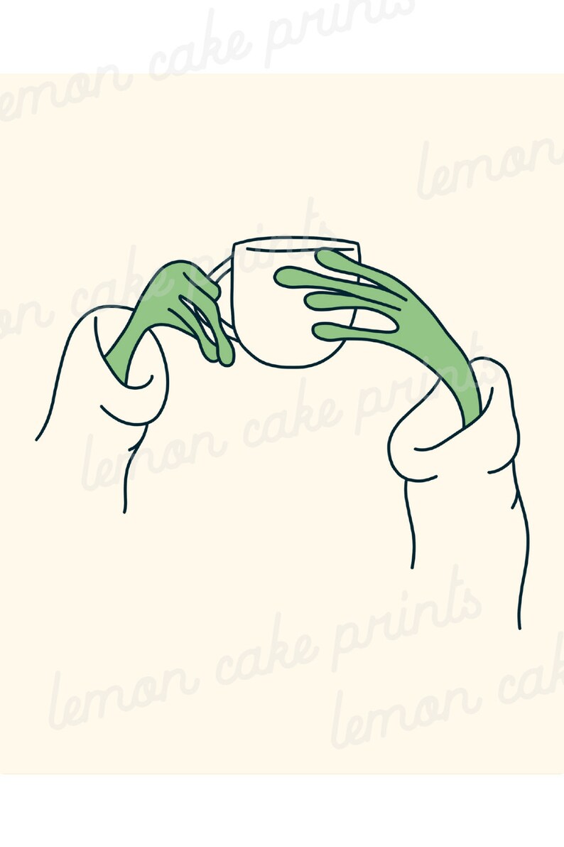May include: A white ceramic mug with a green hand holding the handle and another green hand holding the mug from the bottom. The hands are coming out of a white sleeve.