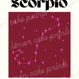 May include: A burgundy background with a pink constellation of the zodiac sign Scorpio. The text "Scorpio" is in black at the top of the image. The text "water sign. ruled by mars & pluto. M" is at the bottom of the image.