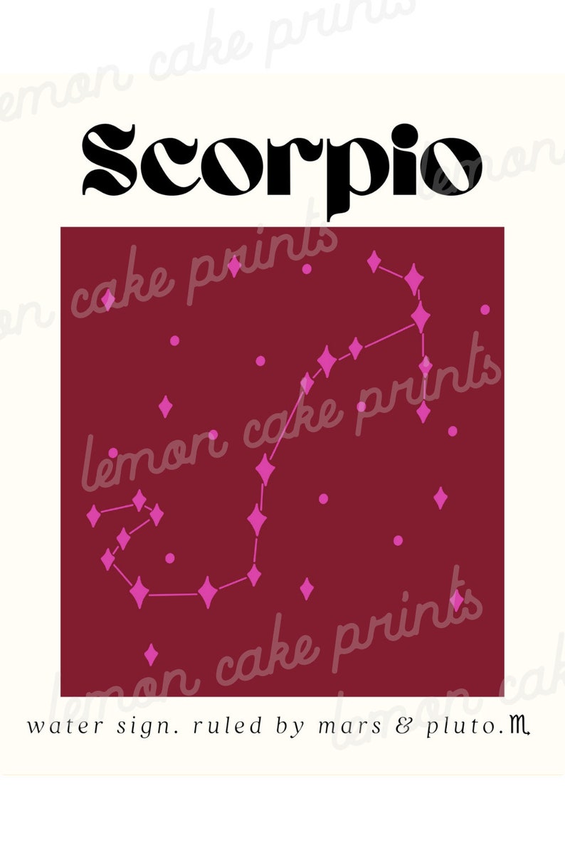 May include: A burgundy background with a pink constellation of the zodiac sign Scorpio. The text "Scorpio" is in black at the top of the image. The text "water sign. ruled by mars & pluto. M" is at the bottom of the image.