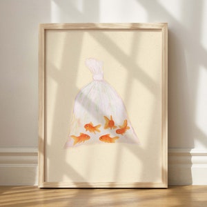 Goldfish Print, Bag Of Fish, Quirky Gallery Wall Art, Printable Fish Wall Art, Illustrated Print, Fish Art, Unique Ideas for Room Decor