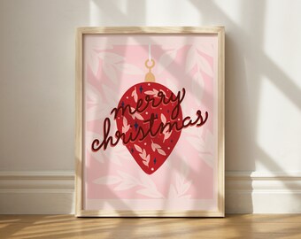 Merry Christmas Print, Wall Art Printable, Christmas Decor, Trendy Pink Christmas Art, Printable Holiday Art, Christmas Wedding Decor,