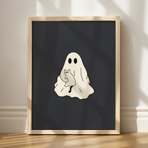 May include: A black and white illustration of a ghost holding a cat. The ghost is white and has two eyes. The cat is black and white and has a tail.