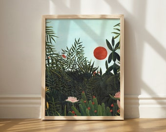 Bosque virgen Henry Rousseau con impresión al atardecer, pintura mural, decoración imprimible de la selva, arte imprimible del bosque, arte mural ecléctico