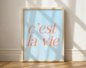 C'est La Vie Print, Wall Art Printable, French Kitchen Decor, Maximalist Lettering Art, Printable Wall Art, Pink and Blue Print, Quote Art