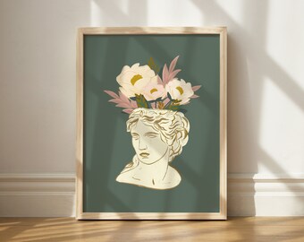 Floral Marble Bust Print, Wall Art Printable, Floral Room Decor, Marble Bust Planter Art, Grecian Wall Art, Urban Modern Art, Boho Wall Art