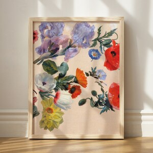 Vintage bloemenprint één, geïllustreerd bloemendecor, afdrukbare retro kunst, bloemenwanddecor, uniek bloemenschilderij, maximalistische galerijkunst