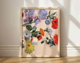 Vintage Floral Print One, Decoración floral ilustrada, Arte retro imprimible, Decoración de pared floral, Pintura floral única, Arte de galería maximalista