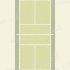 May include: A green tennis court with white lines. The court is divided into four sections.