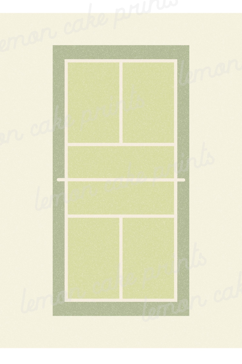 May include: A green tennis court with white lines. The court is divided into four sections.
