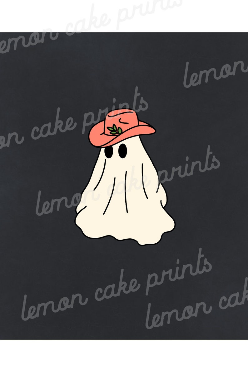 May include: A white ghost wearing a pink cowboy hat with a green leaf design. The ghost has two black eyes and is on a dark gray background.