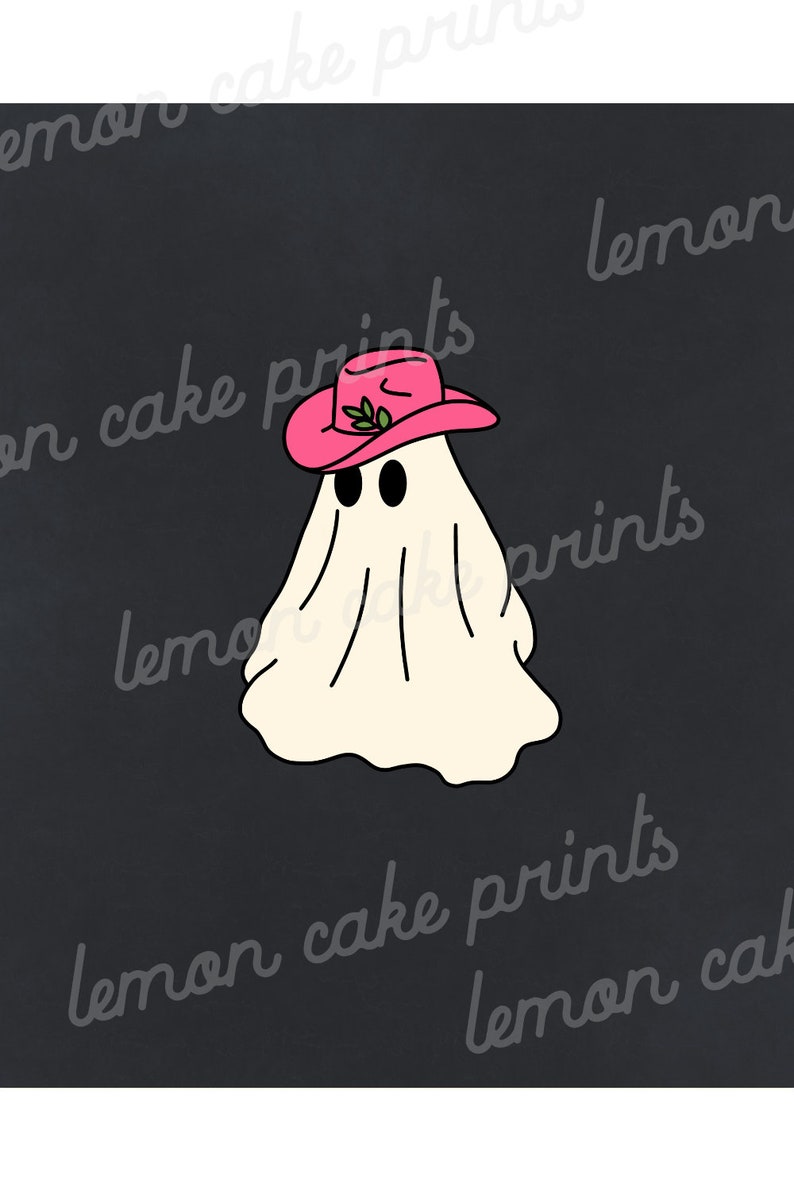 May include: A white ghost wearing a pink cowboy hat with a green leaf design. The ghost has two black eyes and a simple smile. The background is black.