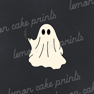 May include: A white ghost with two black eyes is holding a lit cigarette in its right hand. The ghost is on a black background.