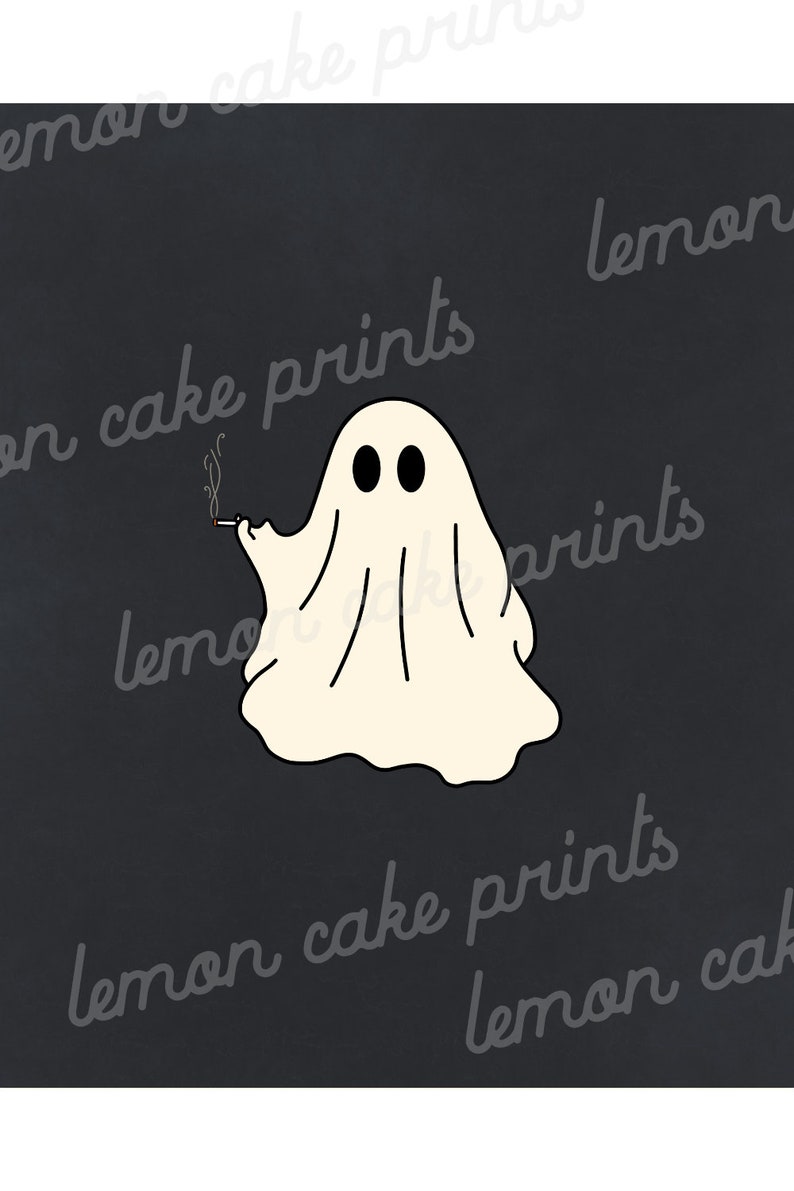 May include: A white ghost with two black eyes is holding a lit cigarette in its right hand. The ghost is on a black background.