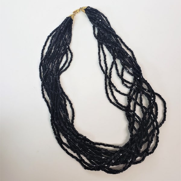 Black Bead Multi-Strand Necklace – 12 Strands – 18” – Tubular Beads - Jet Black, Shiny - 1980s Vintage