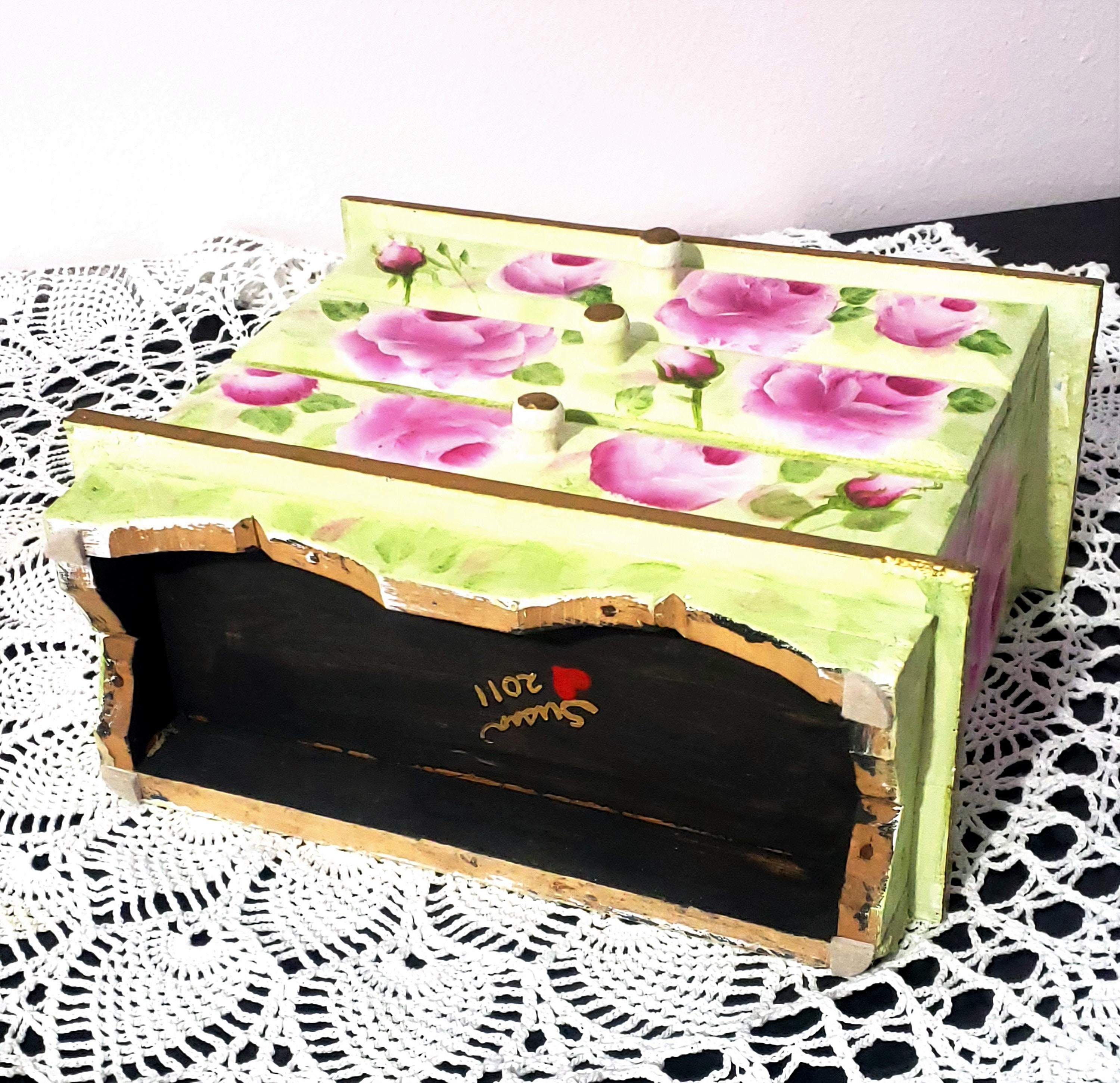Hand Painted Vintage Wooden Jewelry Box 3 Drawers Large Pink Roses ...