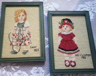 Needlepoint Pictures - Framed, Vintage Children, Antique Look, Vintage Girls, Lencl 1925 & Fay Flapper 1922, like new