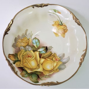 Beautiful Antique Porcelain Bowl with Yellow Roses Circa 1861-1937 Prov Saxe ES Germany