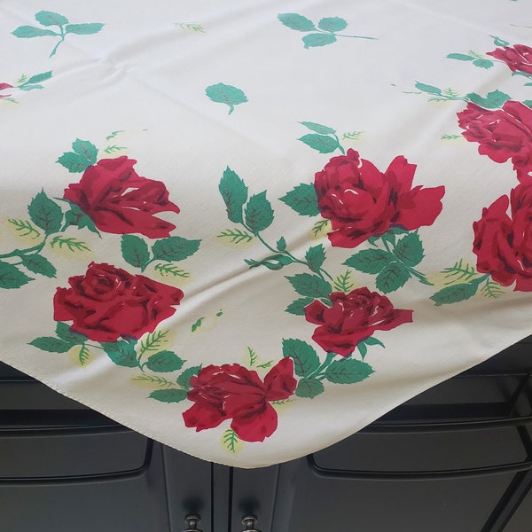 Vintage White Tablecloth with Red Roses - Cotton – 50” x 45” – Circa 1950s, Wilendur? – Good Condition