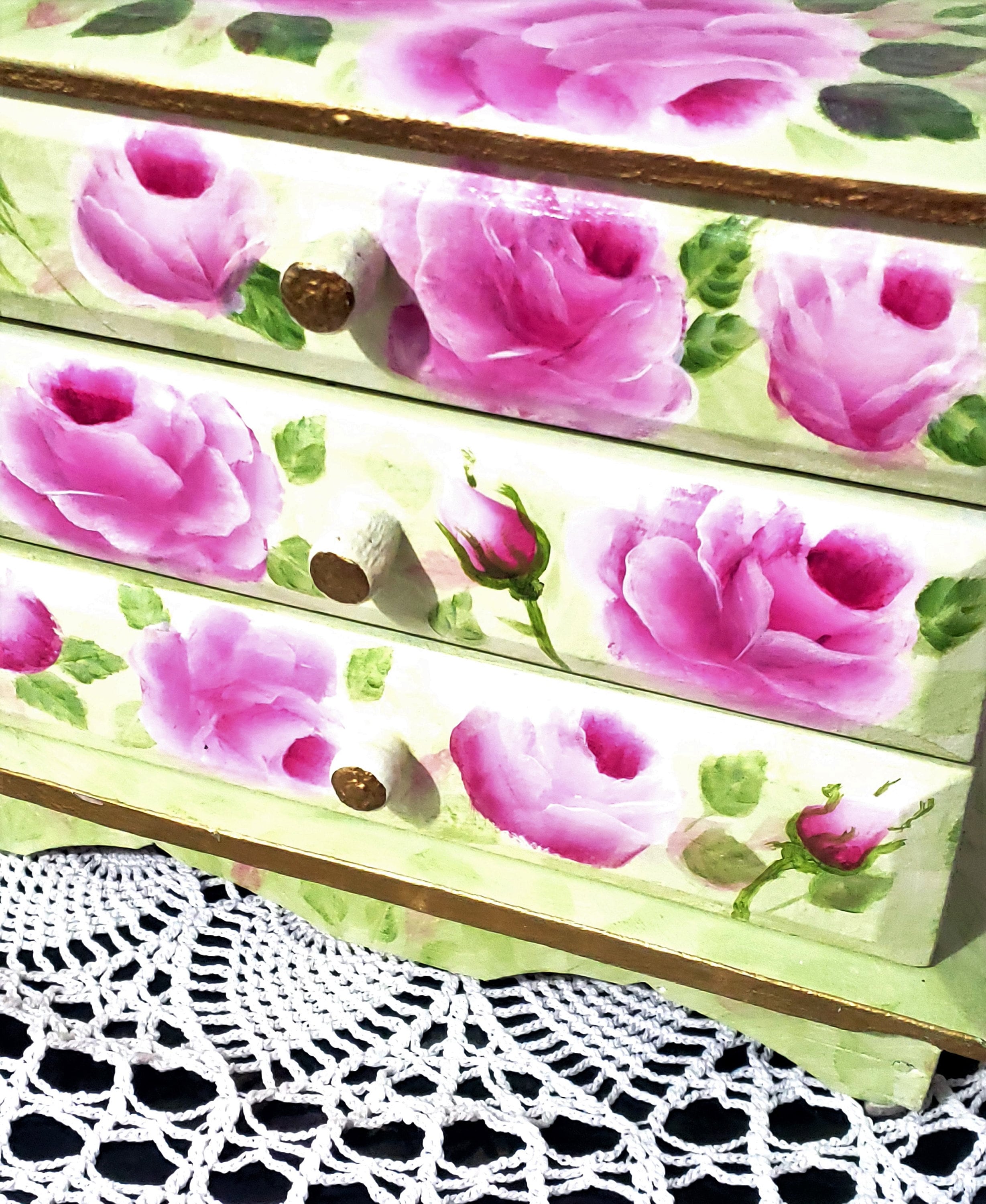 Hand Painted Vintage Wooden Jewelry Box 3 Drawers Large Pink Roses ...