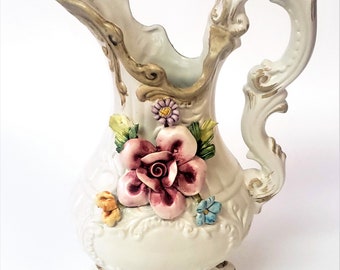 Capodimonte Art Porcelain Pitcher / Vase with Attached Flowers – Made in Italy – Circa 1950s?