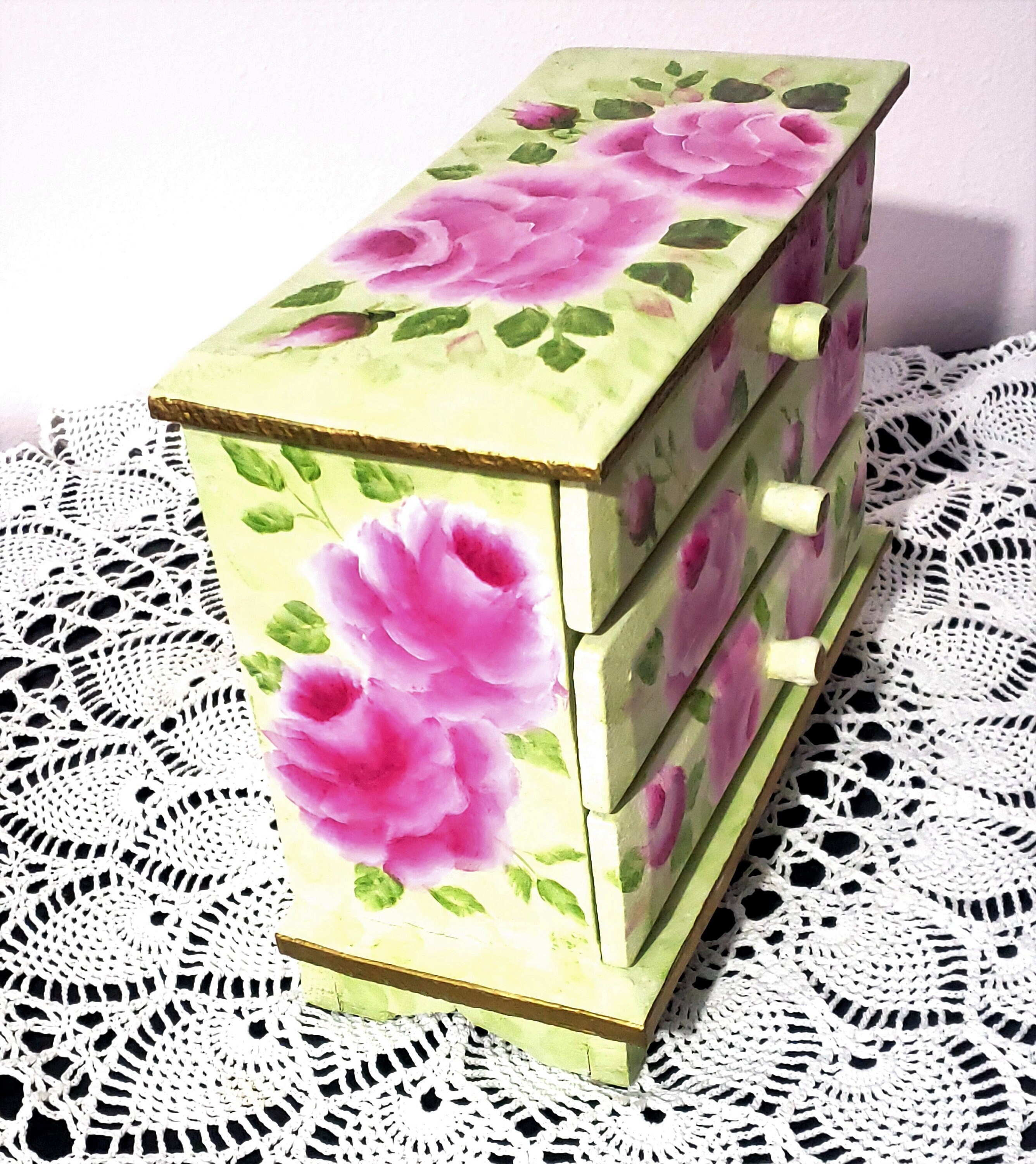 Hand Painted Vintage Wooden Jewelry Box 3 Drawers Large Pink Roses ...