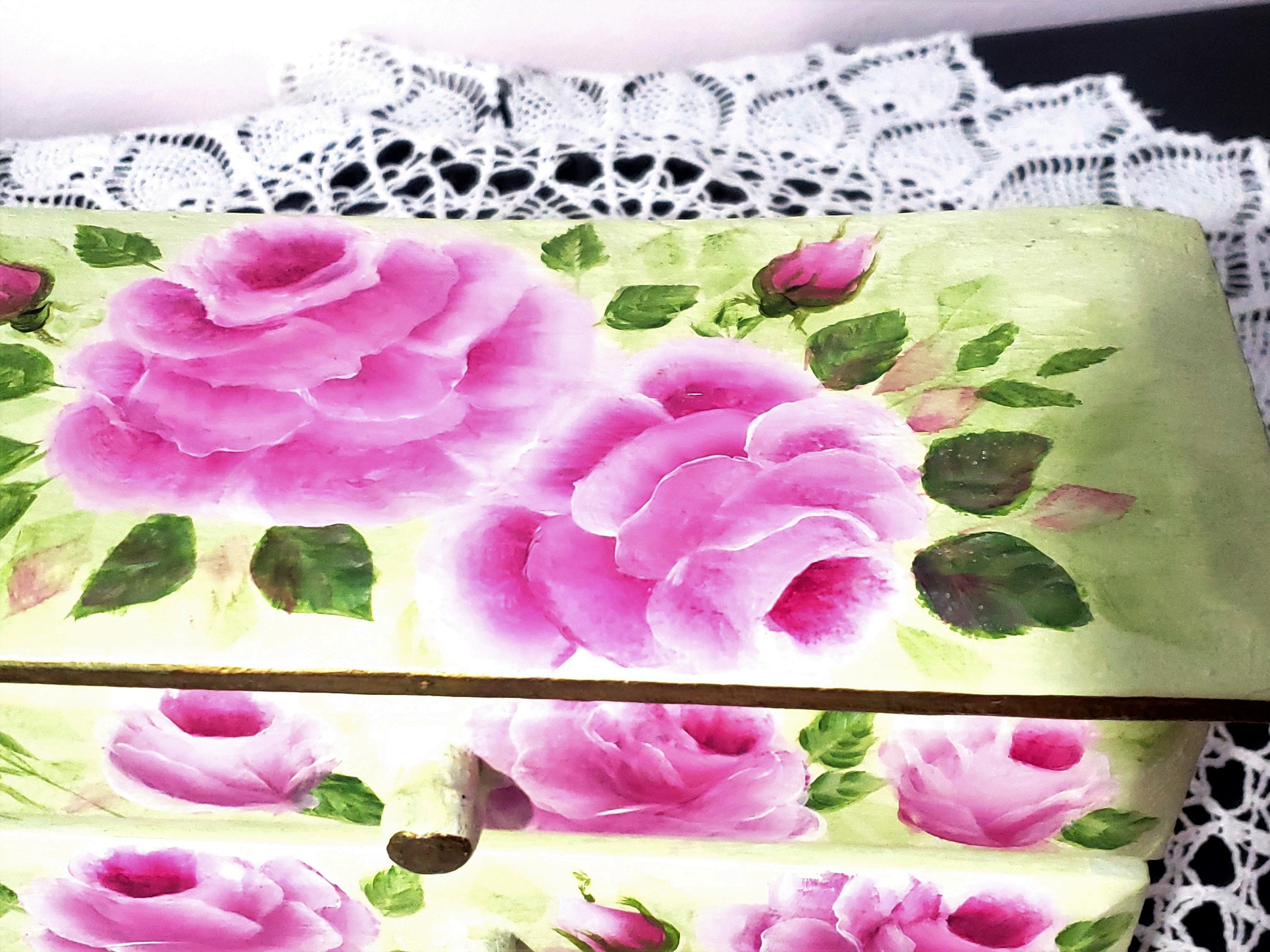 Hand Painted Vintage Wooden Jewelry Box 3 Drawers Large Pink Roses ...