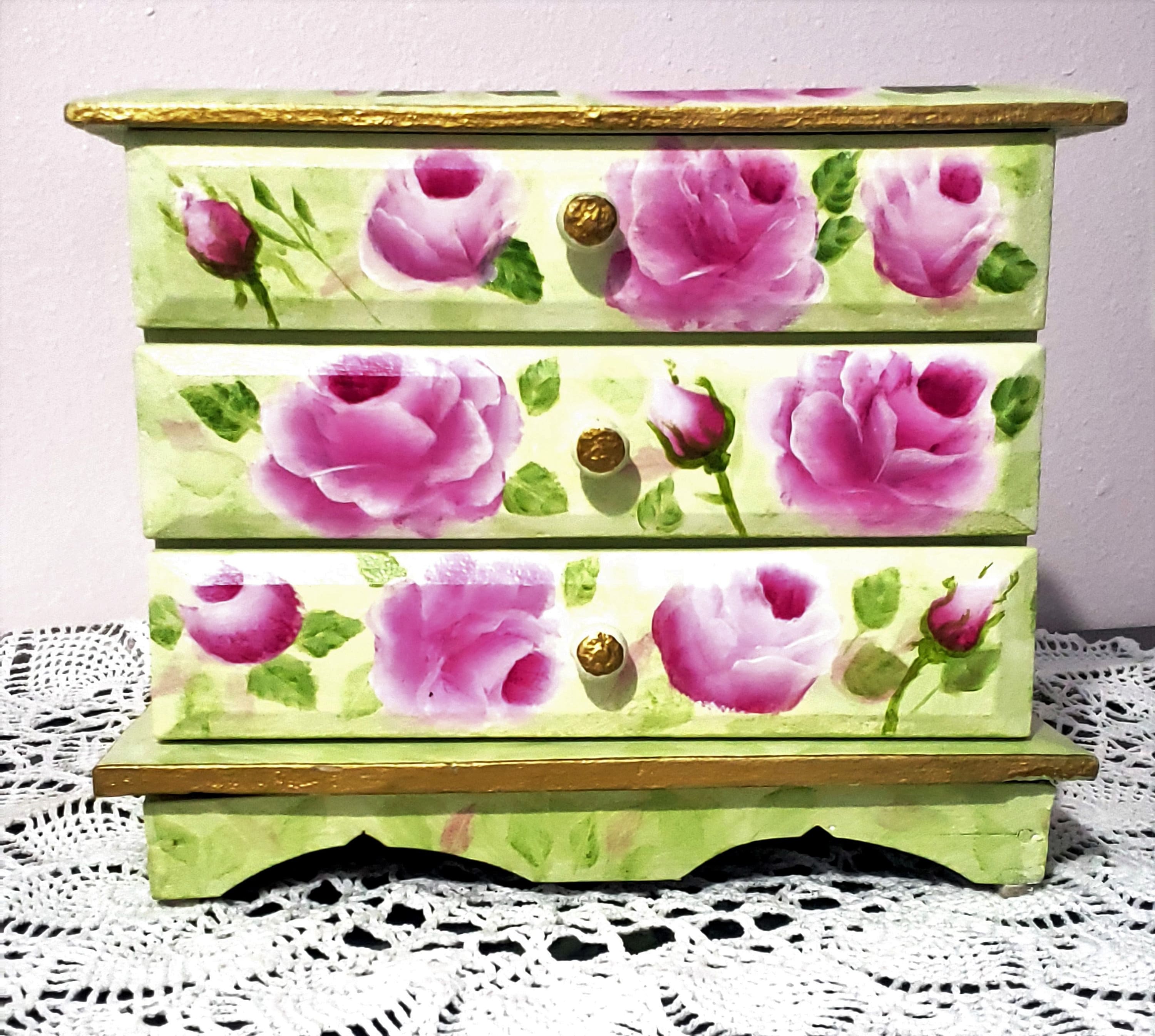 Hand Painted Vintage Wooden Jewelry Box 3 Drawers Large Pink Roses ...