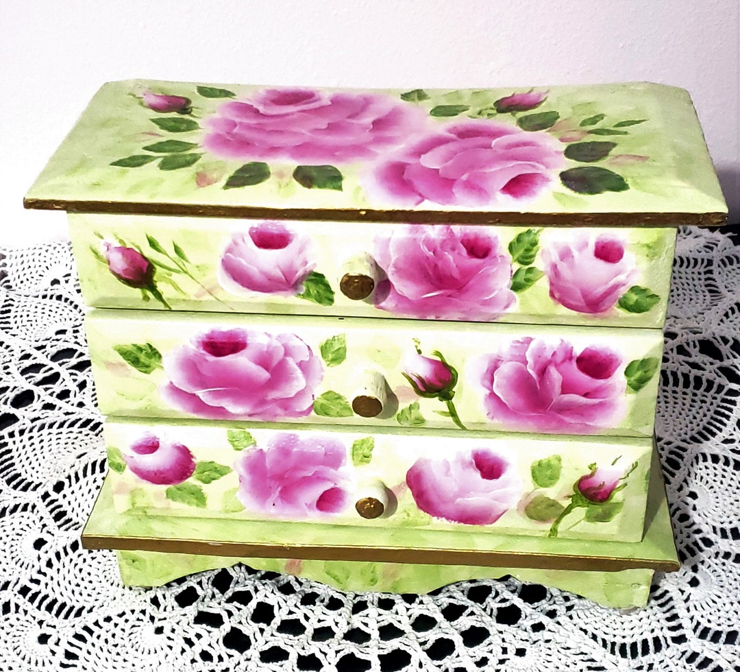 Hand Painted Vintage Wooden Jewelry Box – 3 Drawers - Large Pink Roses ...