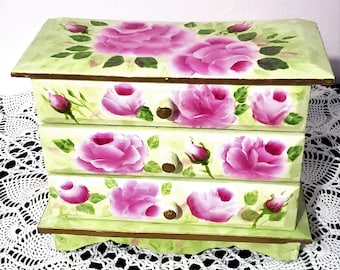 Hand Painted Vintage Wooden Jewelry Box – 3 Drawers - Large Pink Roses – Shabby Chic
