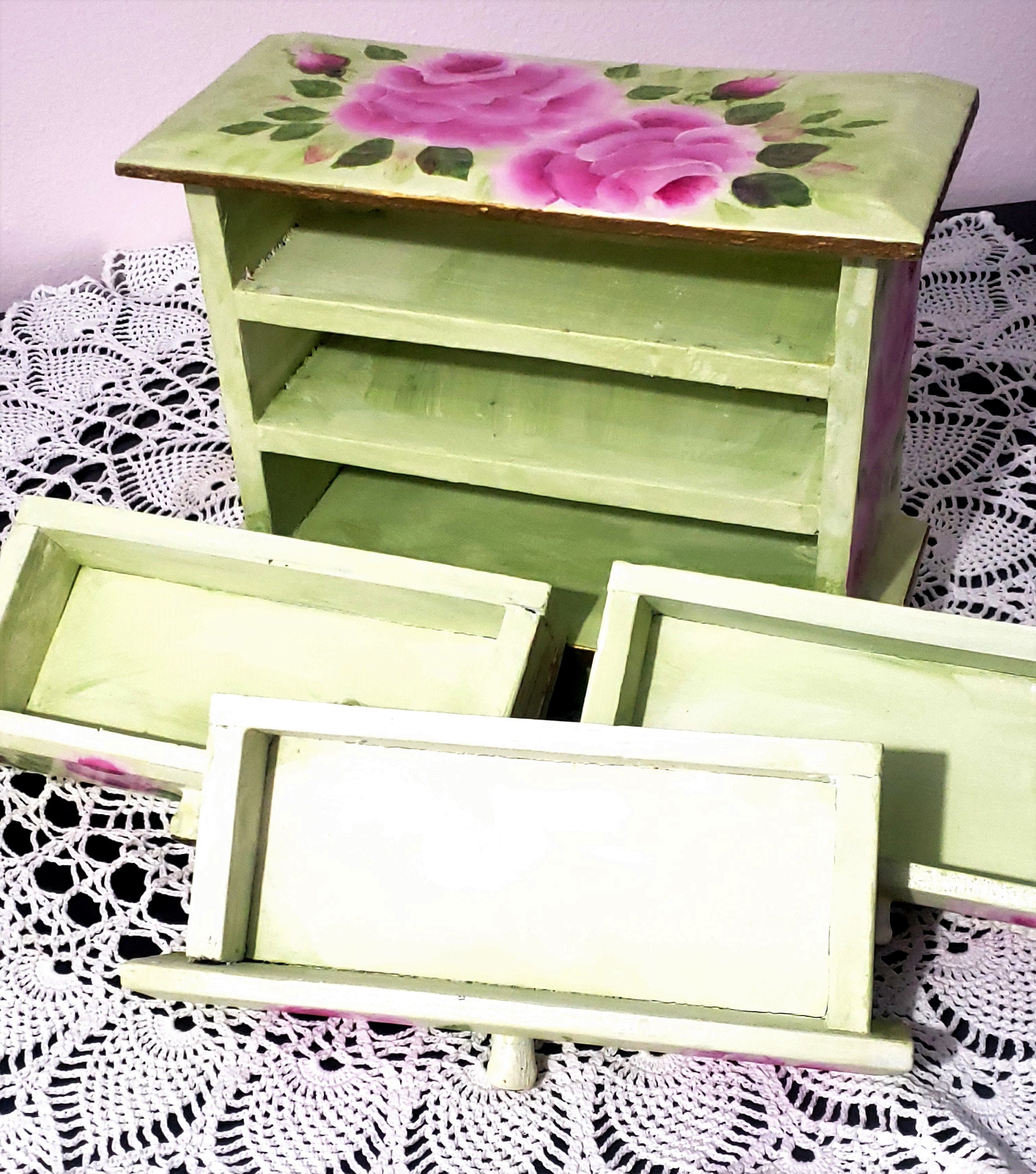 Hand Painted Vintage Wooden Jewelry Box 3 Drawers Large Pink Roses ...