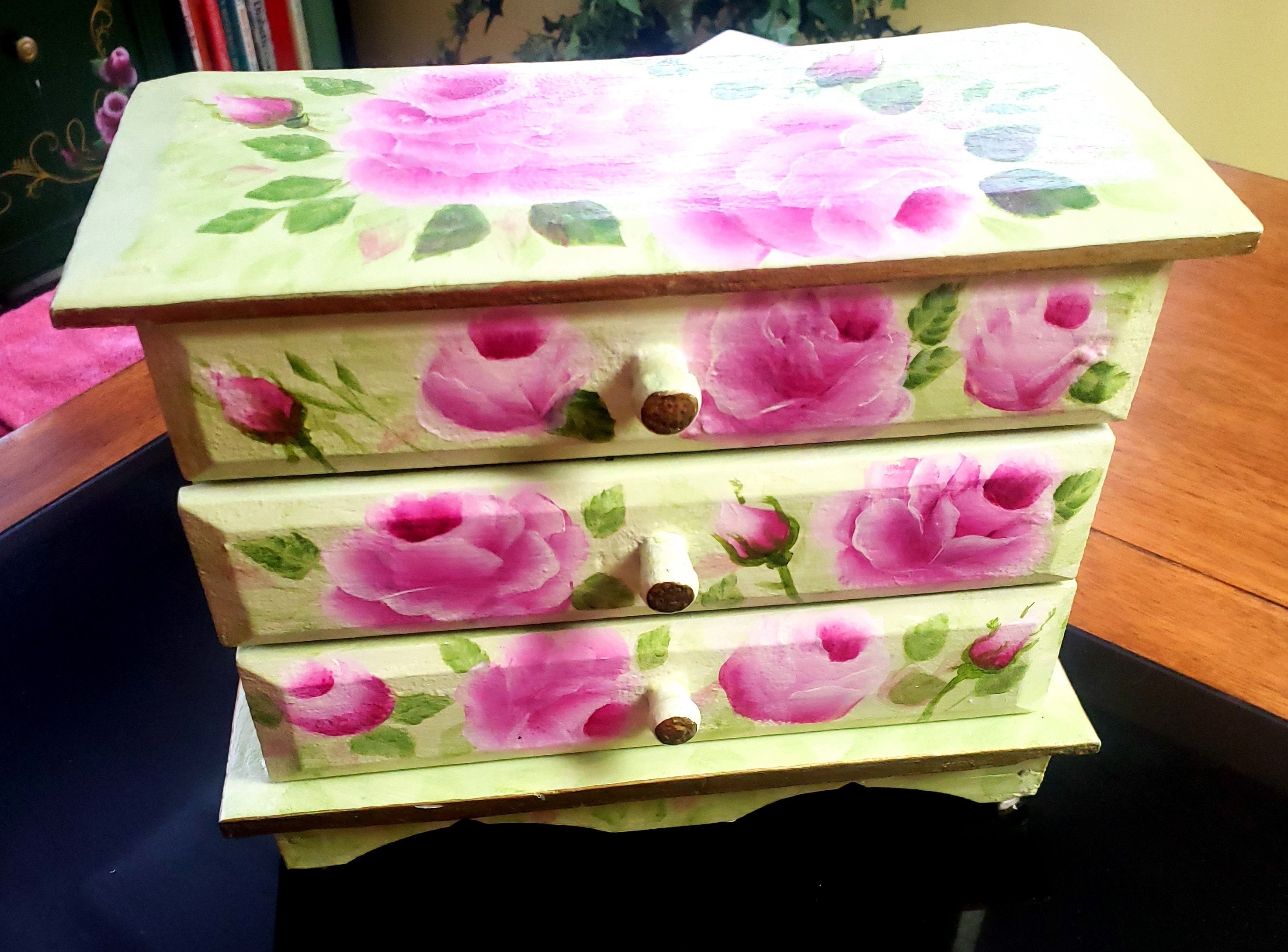 Hand Painted Vintage Wooden Jewelry Box – 3 Drawers - Large Pink Roses ...