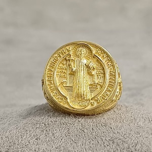Gold Saint Benedict Handmade Ring, 10k 14k 18k Solid Gold Jewelry, Anel Sao Bento, St Benedict Exorcism Gold Ring, Men&#39;s Religious Gift