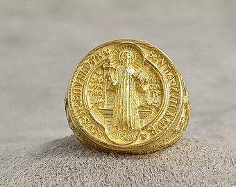 Gold St. Benedikt Handgefertigter Ring, 10k 14k 18k Solid Gold Schmuck, Anel Sao Bento, St. Benedikt Exorzismus Goldring, Religiöses Geschenk für Männer