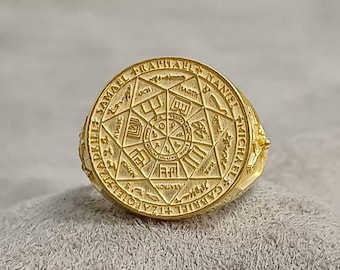 Gold 7 Erzengel Pentagramm Ring, 10k 14k 18k Solid Gold Herren Schmuck, Schutz und Reinigung Spiritueller Ring, Gold Siegelring für Männer