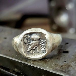 Greek Owl Signet Ring | 925k Sterling Silver Coin Ring | Handmade Athena Owl Ring | Goddess Jewelry | Intaglio Ring | Silver Ring Men Women