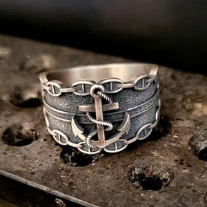 925k Sterling Silber Anker Mann Ring, Nautical Statement Ring für Sailor Man, Seefahrt Stil Anker mit Seil, oxidierter Kapitän Silberring