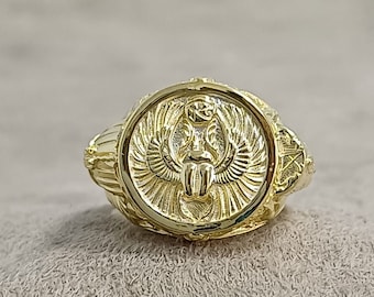 Gold Anubis Anpu ägyptischer Männer Ring, 10k 14k 18k Solid Gold Schmuck, mystischer Pharao Skarabäus Ring, Gott der Gerechtigkeit Ring, Goldgeschenk für ihn
