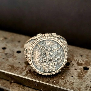 Silver Michael Archangel Men&#39;s Ring, 925k Sterling Silver Handmade Jewelry, A Symbol of Divine Protection and Valor Ring, Gift for Husband